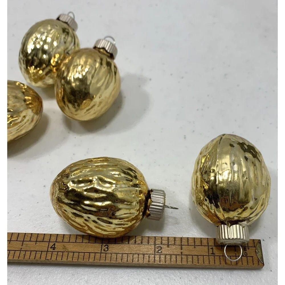 5 Vintage Glass Mini Gold WALNUT Christmas Ornament Mercury